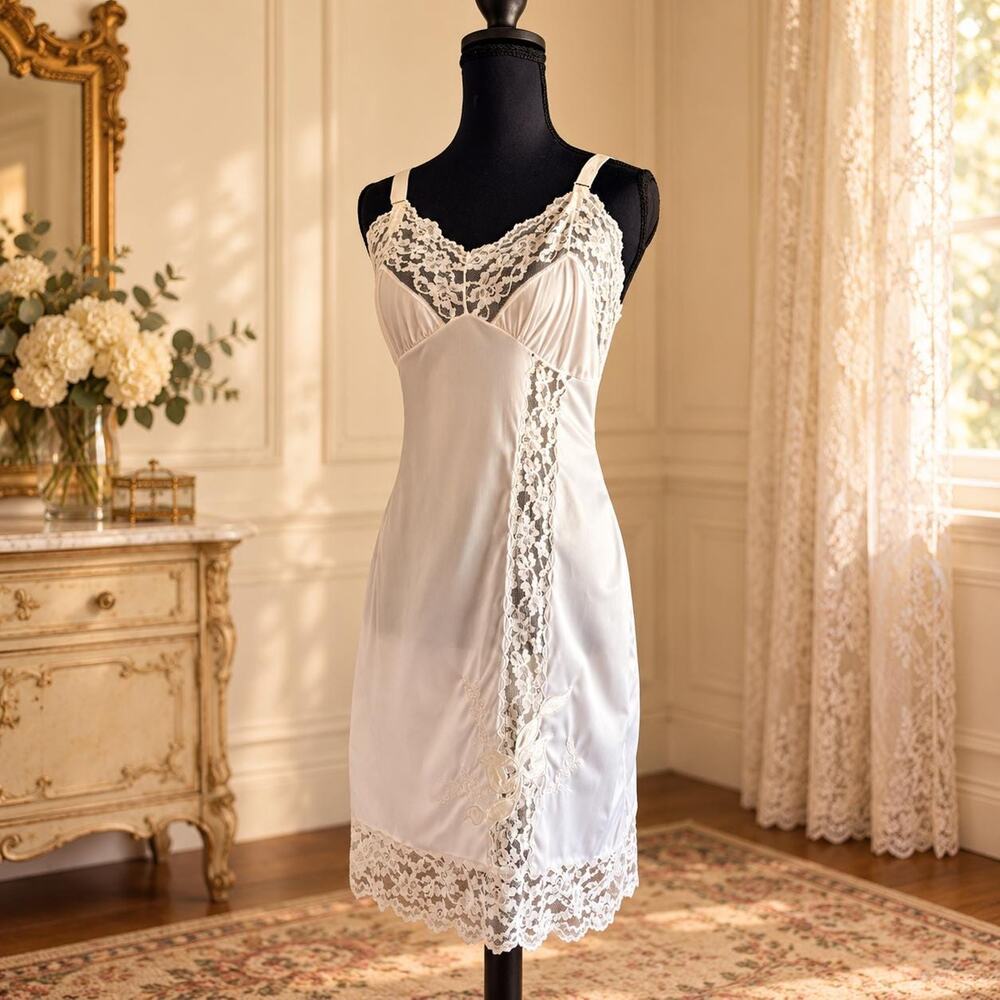 Vintage 1960s Full Slip White Floral Lace Side Panel Applique Hem Small
